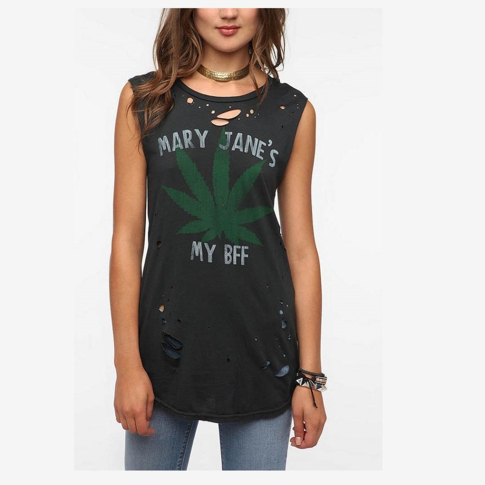 THC Mary Jane's My BFF Cut-off Tee Shirt w/Cannabis Leaf, Distressed Look, Small